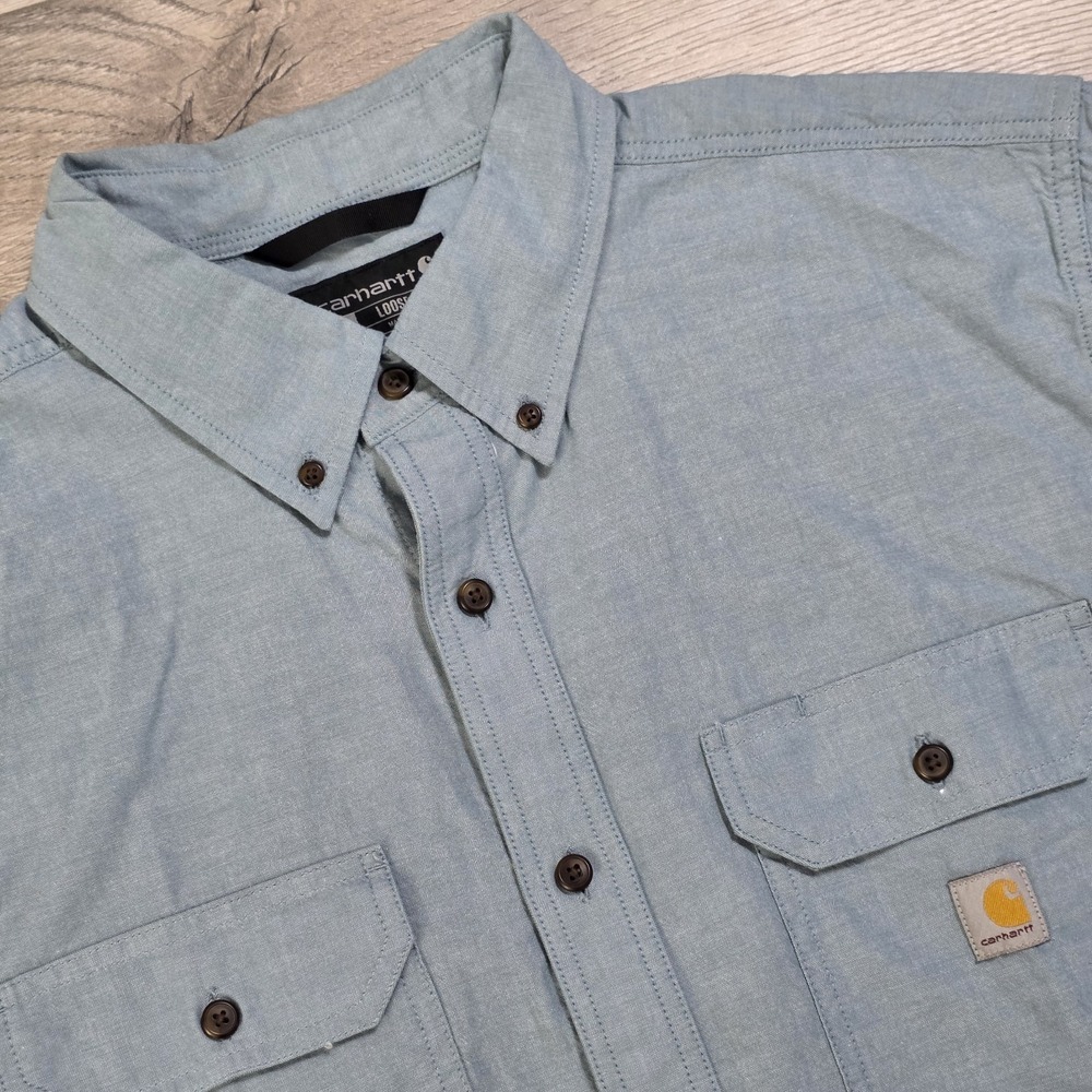 Carhartt Shirt Men's XL Blue Loose Fit Short Sleeve Button Up Workwear NWOT